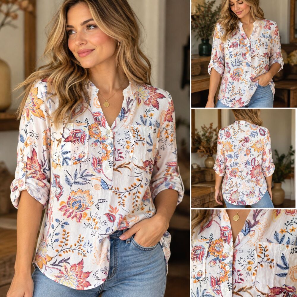 Eden & Olivia Women’s Small 100% Cotton Floral Button Front Blouse Boho India